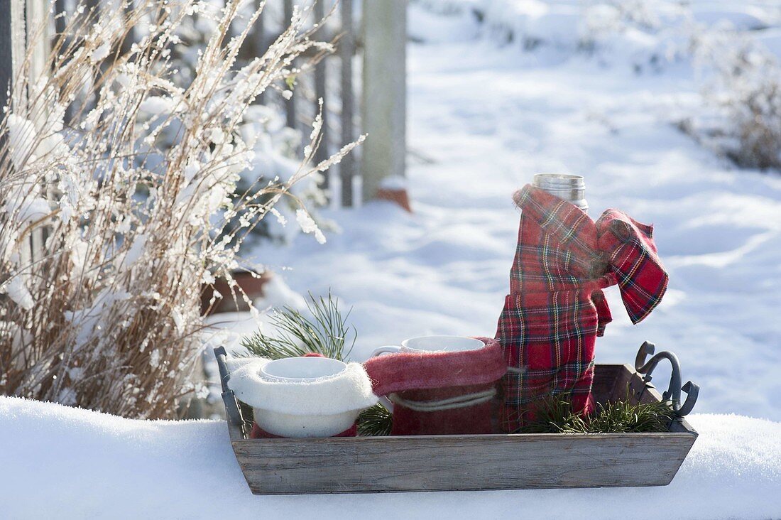 Tablett mit Thermoskanne und Bechern im winterlichen Garten