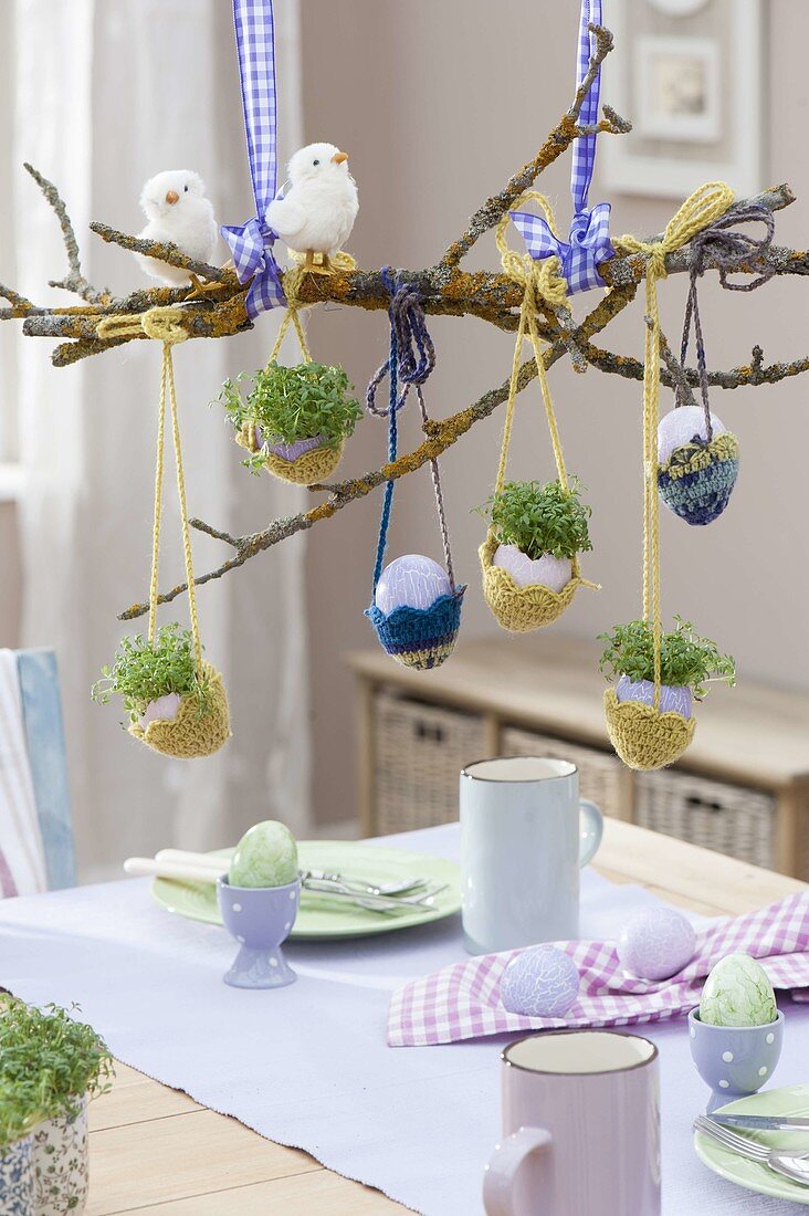 Dry branch as hanging Easter decoration