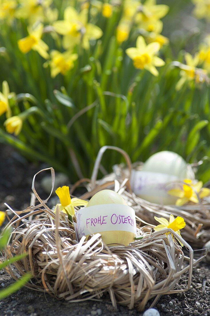 Easter nest made of twisted grasses, easter egg with message 'Frohe Ostern'