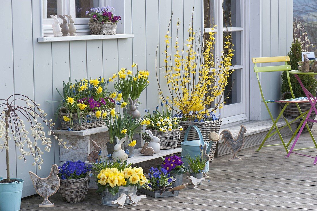 Colourful spring terrace decorated for Easter