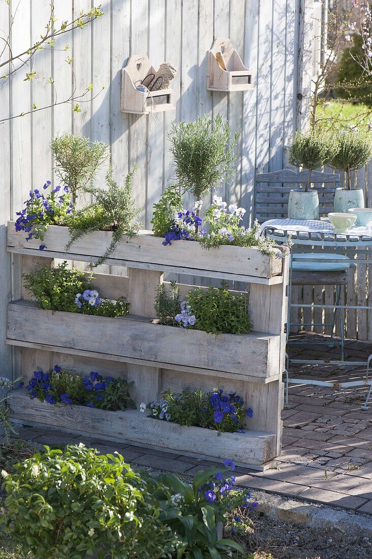 Terrasse mit bepflanzten Euro-Paletten als Sichtschutz