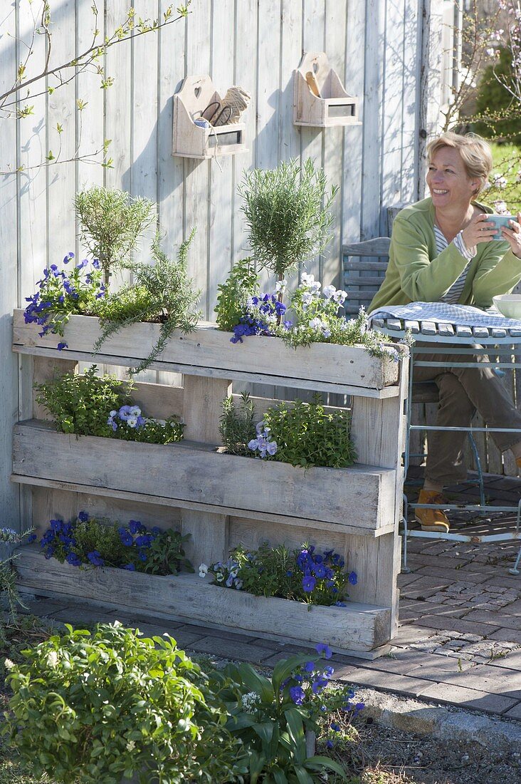 Terrasse mit bepflanzten Euro-Paletten als Sichtschutz