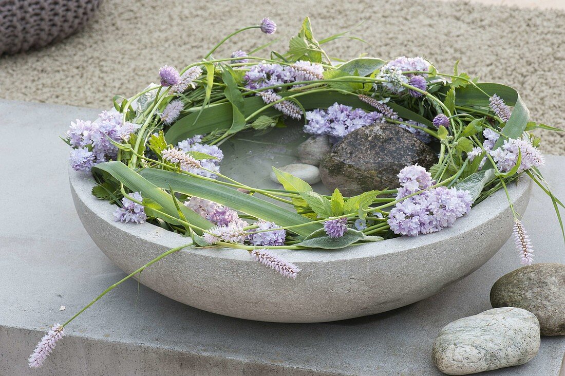Gray bowl with wreath of iris leaves (iris) and polygonum