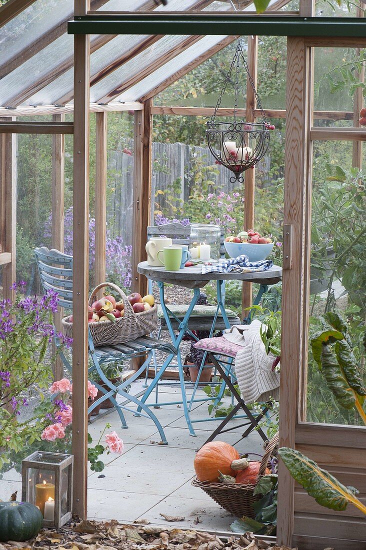 Small terrace in the greenhouse, table and chairs