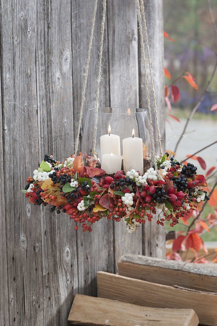 Berry leaves wreath with lantern