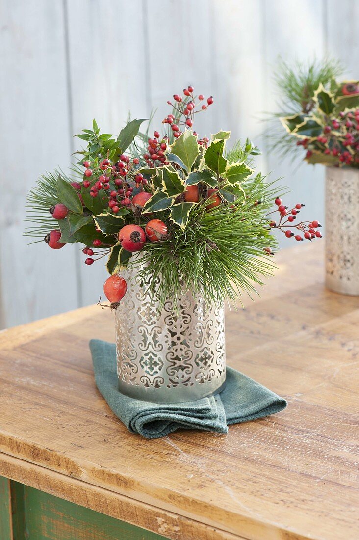 Small bouquet of Pinus, Ilex, Rosa