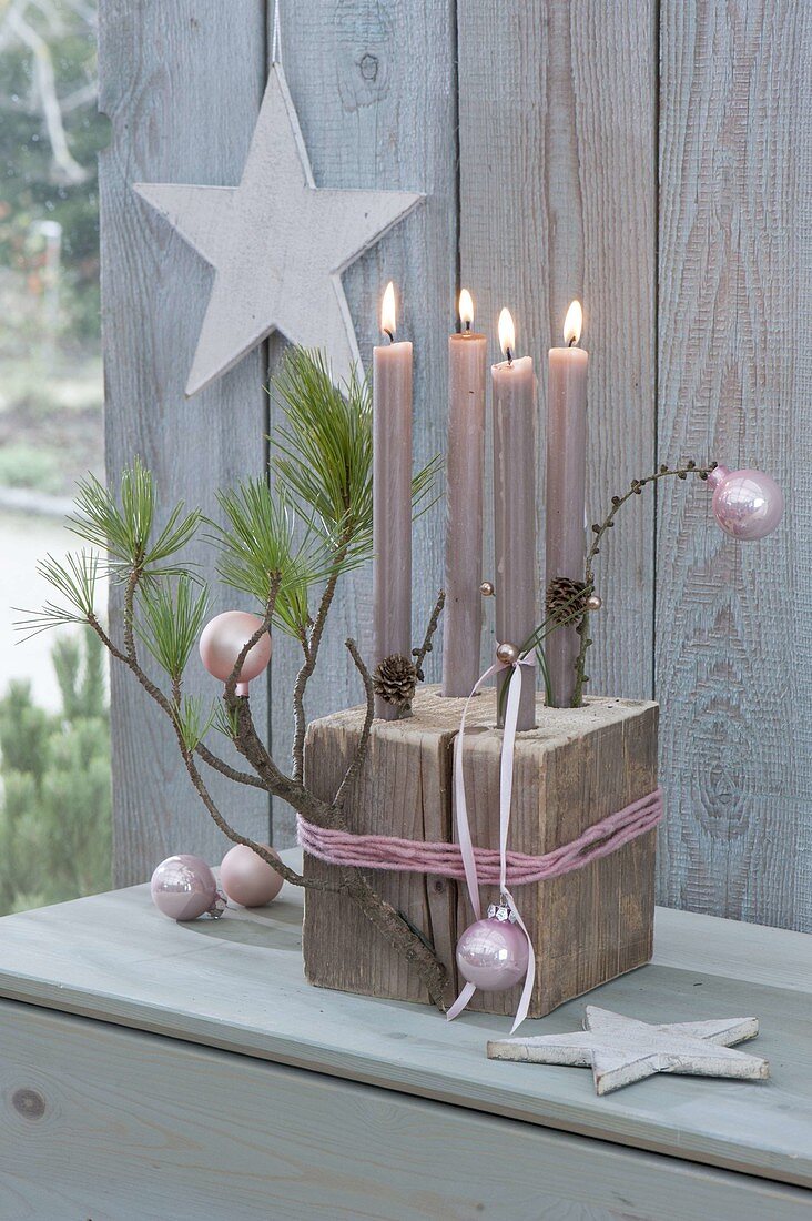 Unusual Advent wreath with wooden block as a candle holder
