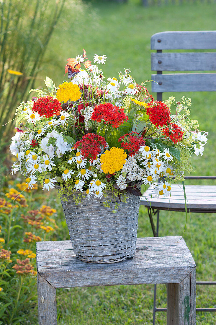Farm garden bouquet in basket vase: Lychnis chalcedonica