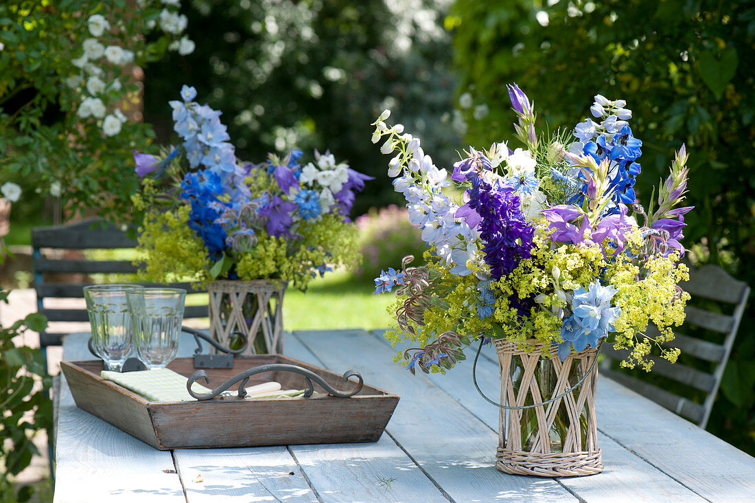 Bouquets of Delphinium (Larkspur), Alchemilla (Lady's Mantle)