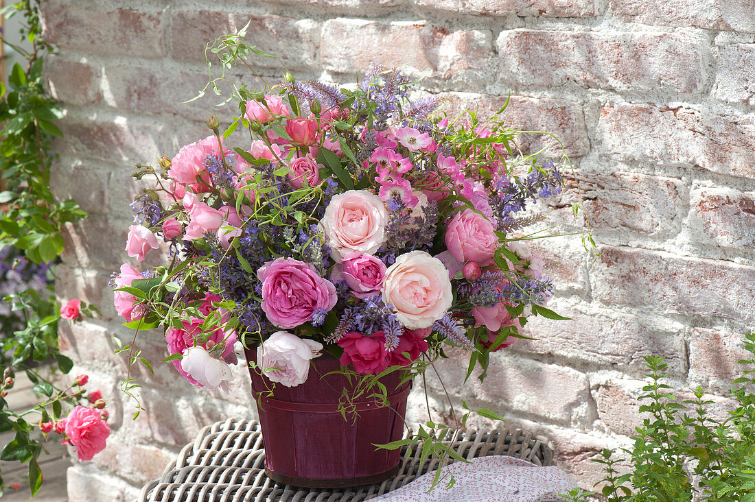 Lush bouquet made of pink (rose), Nepeta (catmint)
