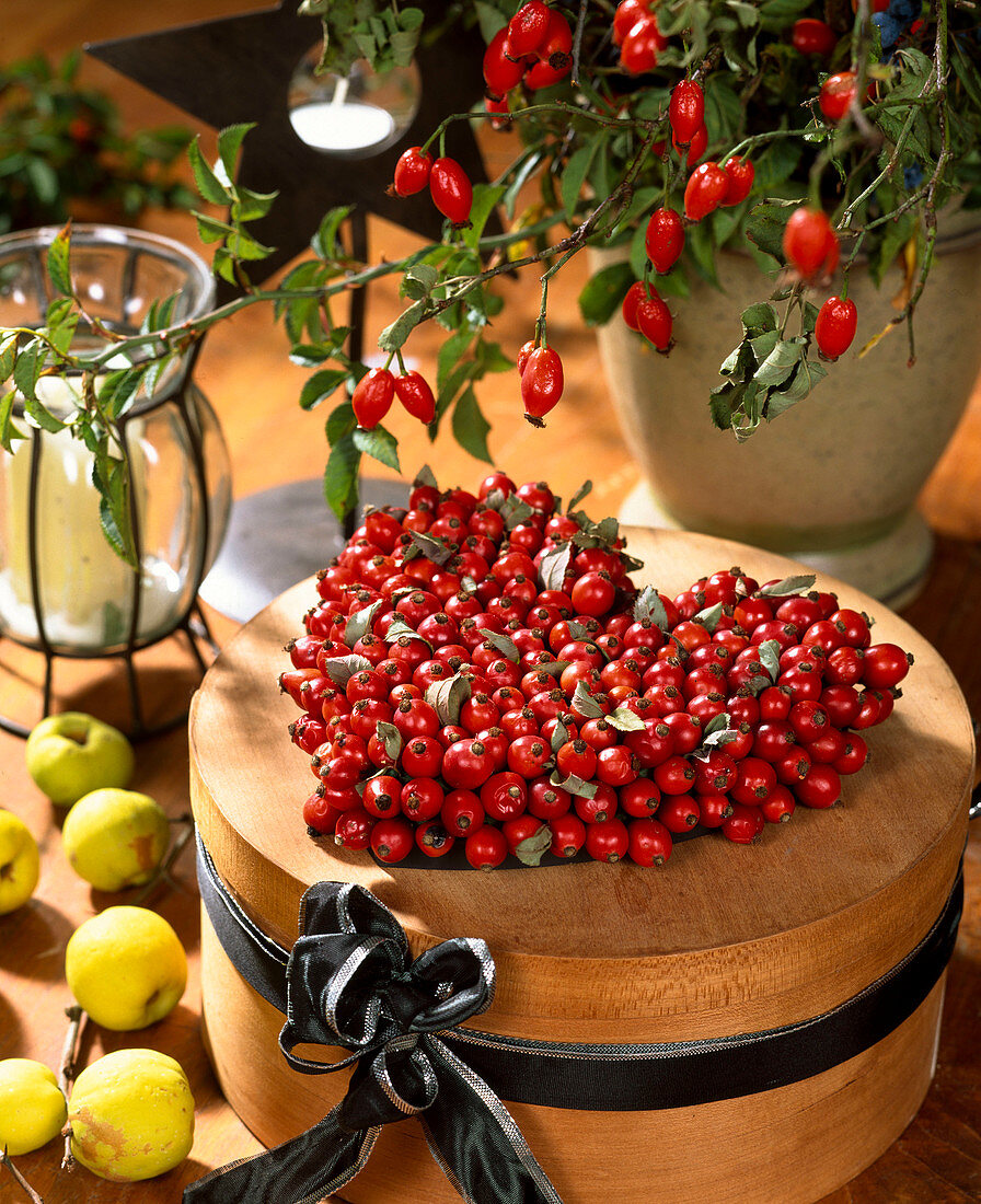 Heart of rosehips on hatbox