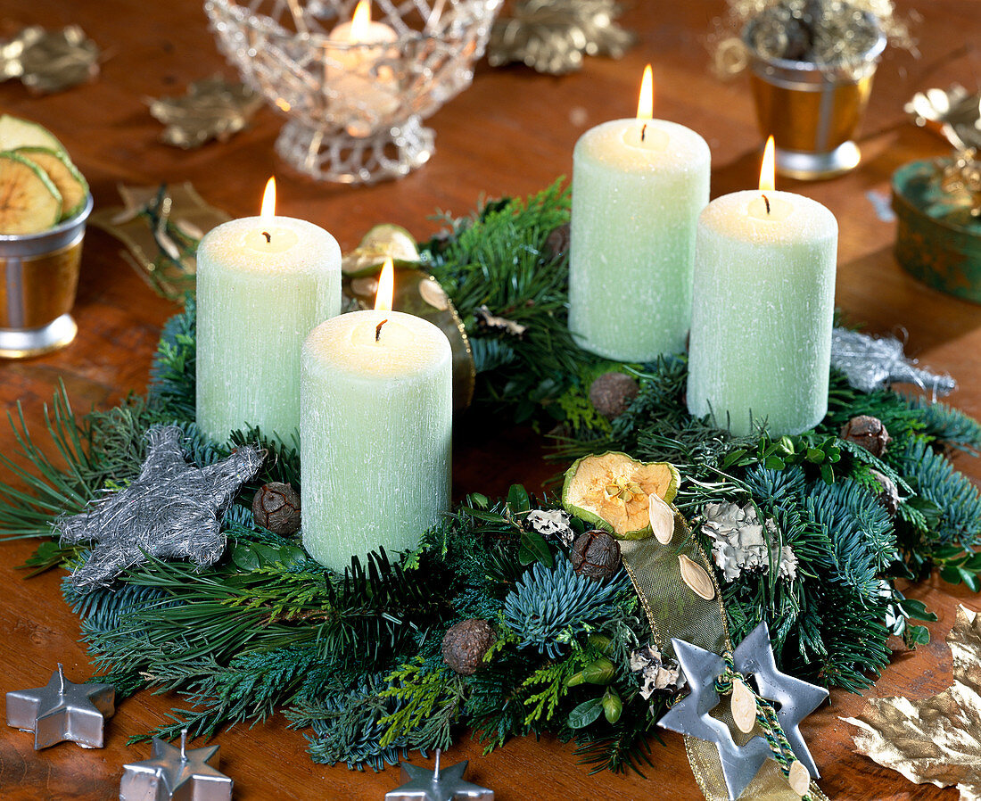 Advent wreath of pine, fir, thuja, cypress, box branches