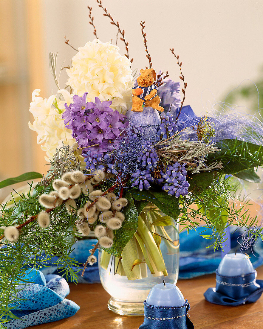 Easter bouquet with hyacinths, muscari grape hyacinths, pussy willow