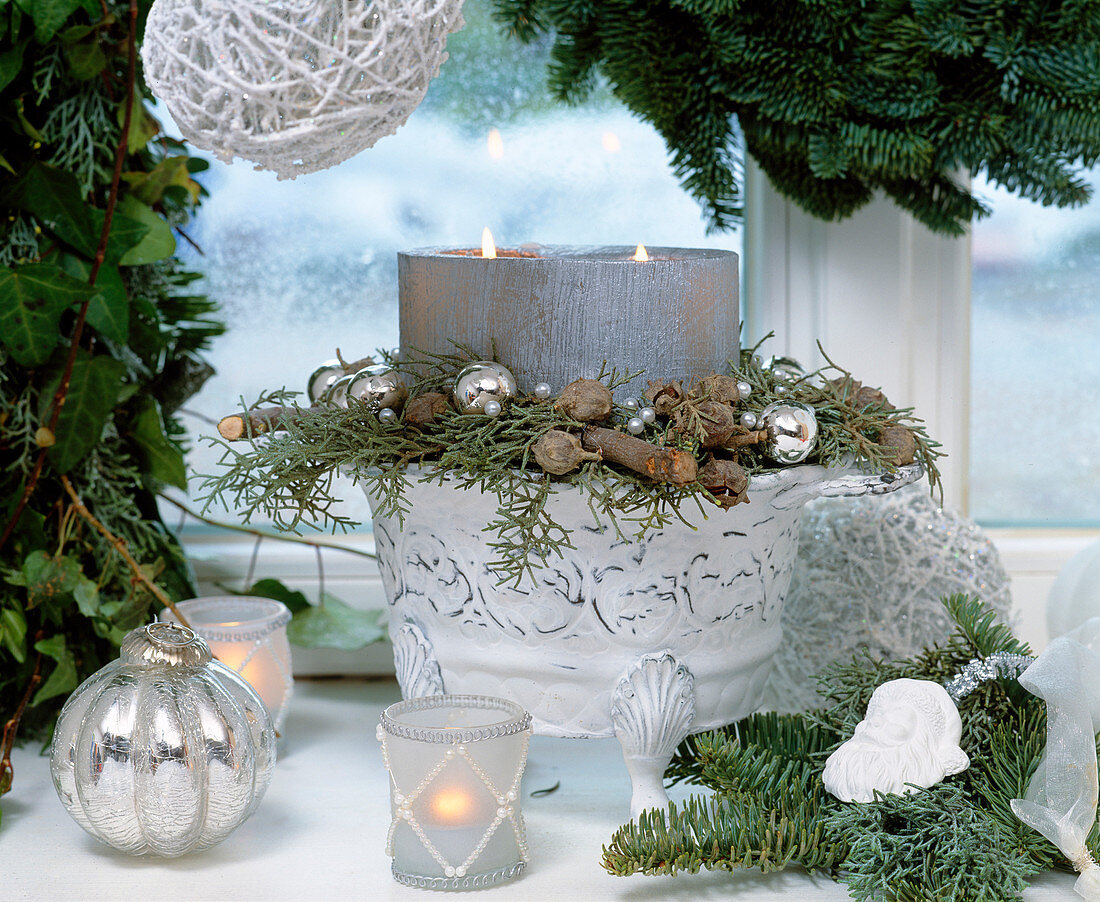 Window design in silver-white with fir branches, cupressus
