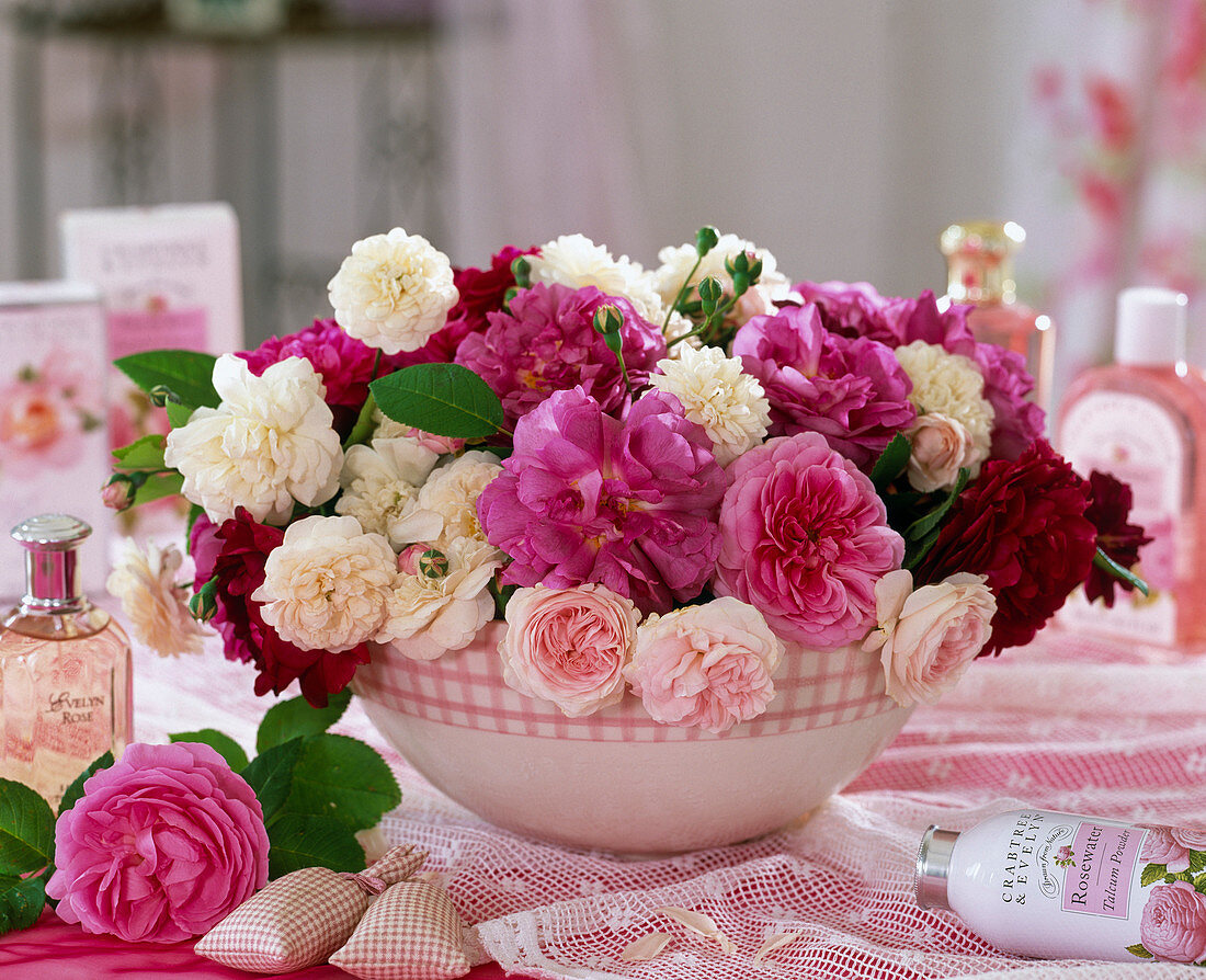 Bowl of historic roses, rose water and rose perfume