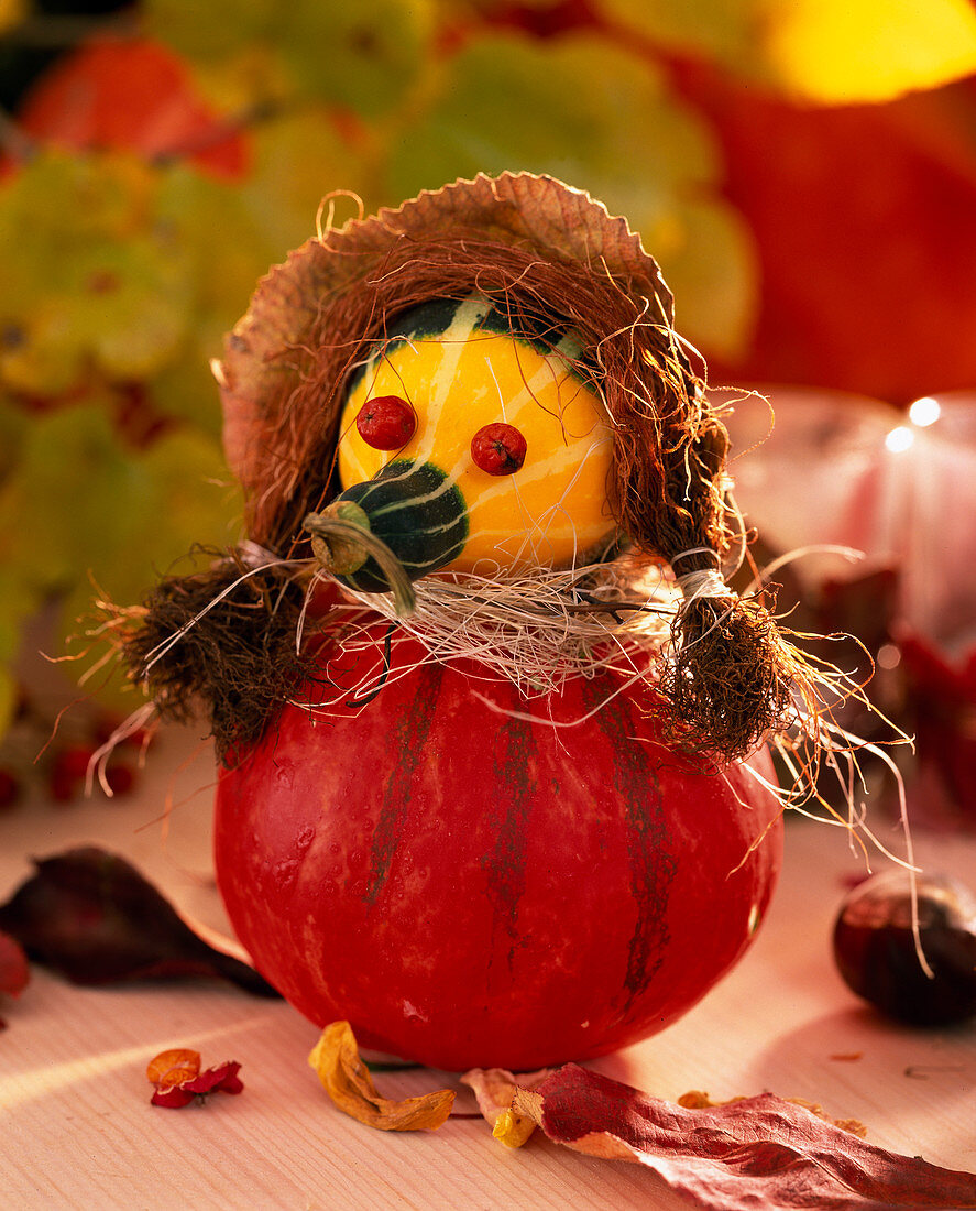 Pumpkin figure, ornamental gourds, rose hips, sisal