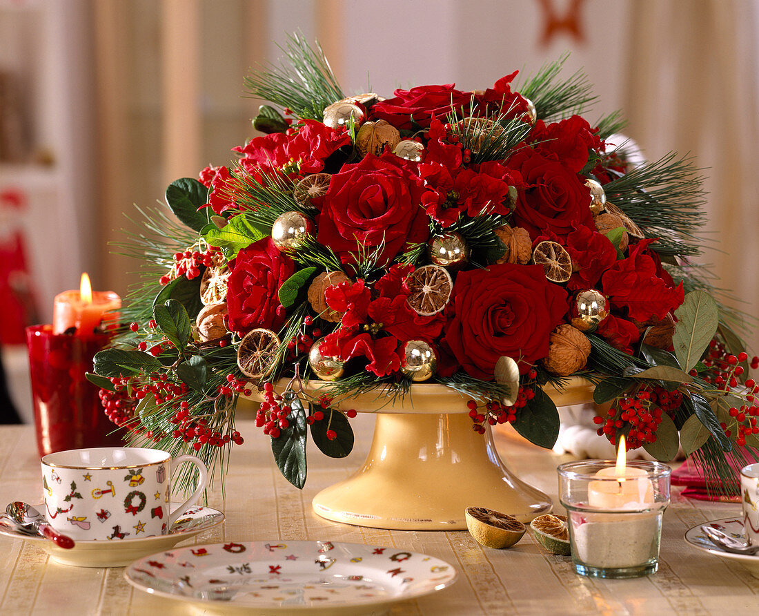 Christmas arrangement with rose petals