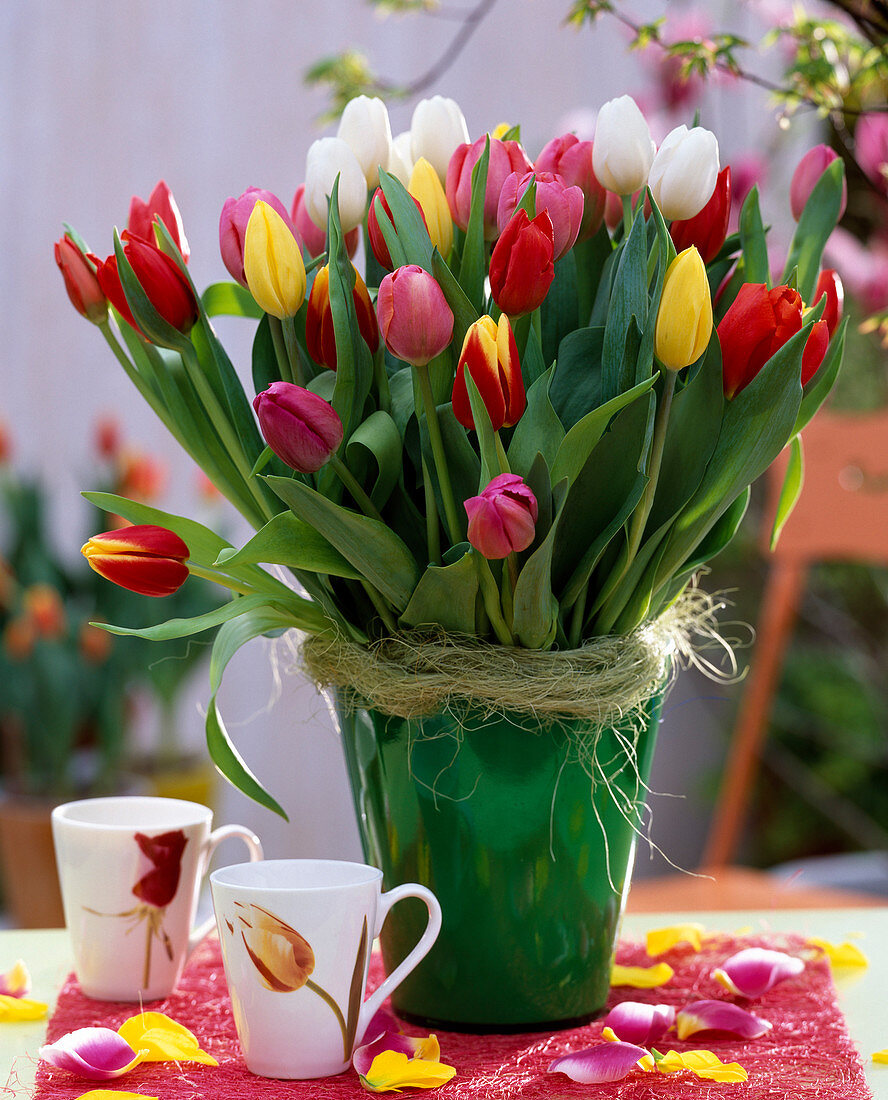Tulipa, colorful tulip bouquet with sisal sleeves