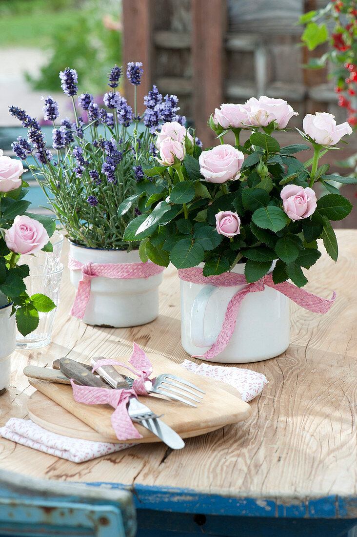 Pink (rose) and lavandula (lavender) in enamelled pots