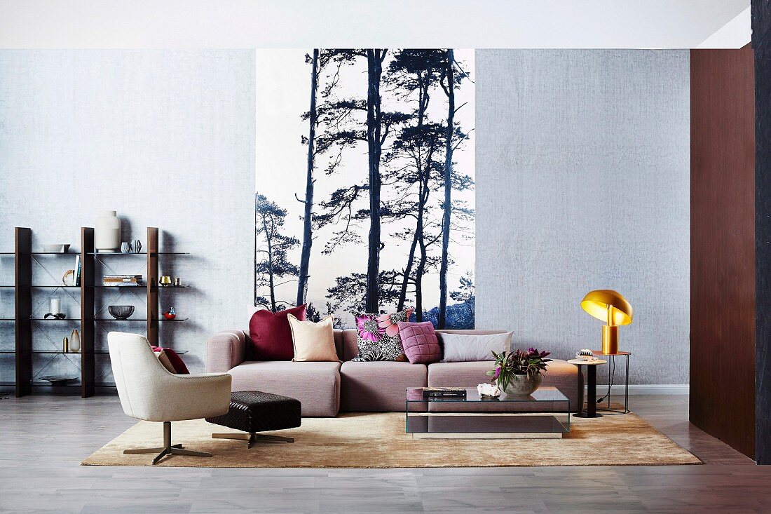 Straight living room, photo wallpaper with tree motif