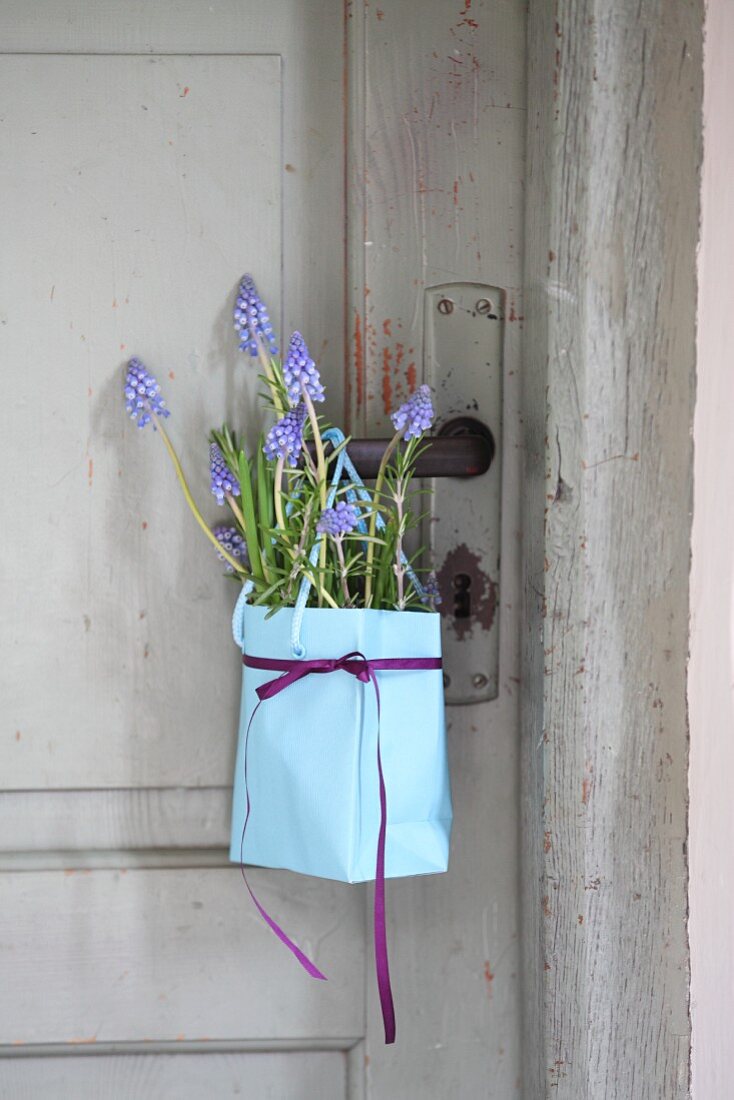 Paper bag of grape hyacinths and rosemary hung from door