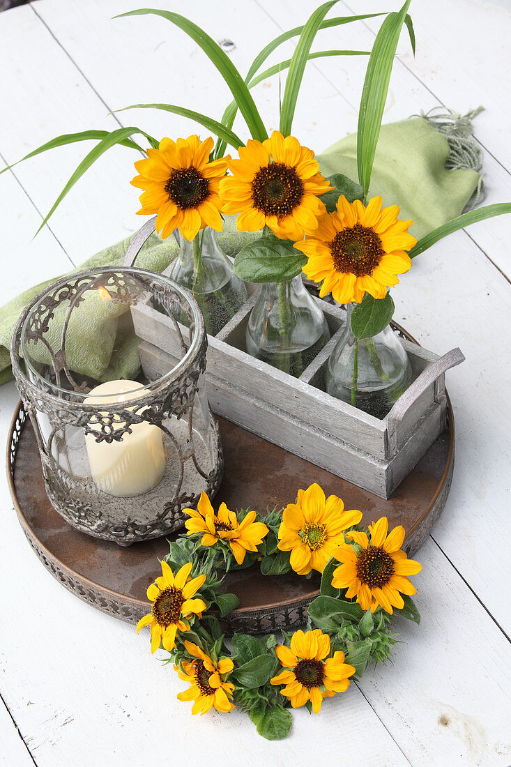 Sunflowers in glass bottles in wooden crate, candle lantern and wreath of sunflowers