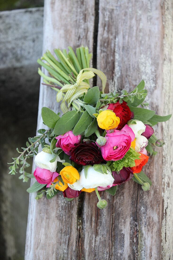 Bouquet of colourful ranunculus on rustic wooden surface