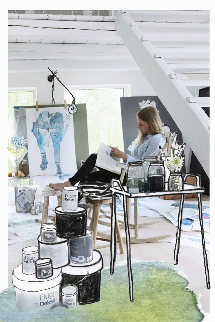 Outlines drawn on photo of painter at side table and pots of paint in artist's studio