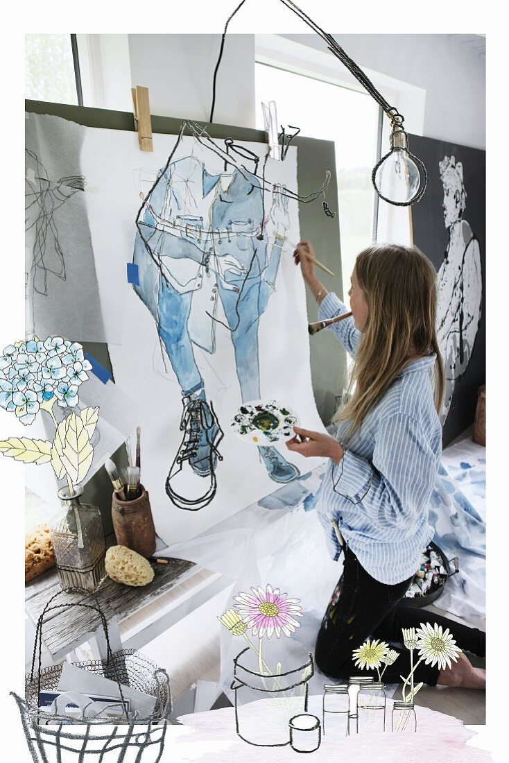 Artist in painter's studio with flowers and pots drawn in foreground