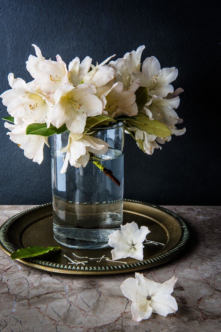 Frische Gartenblumen im Wasserglas auf Teller