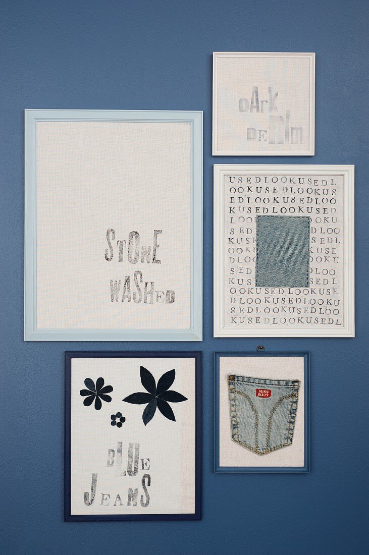 Gallery of pictures with stamped lettering and denim in shades of blue