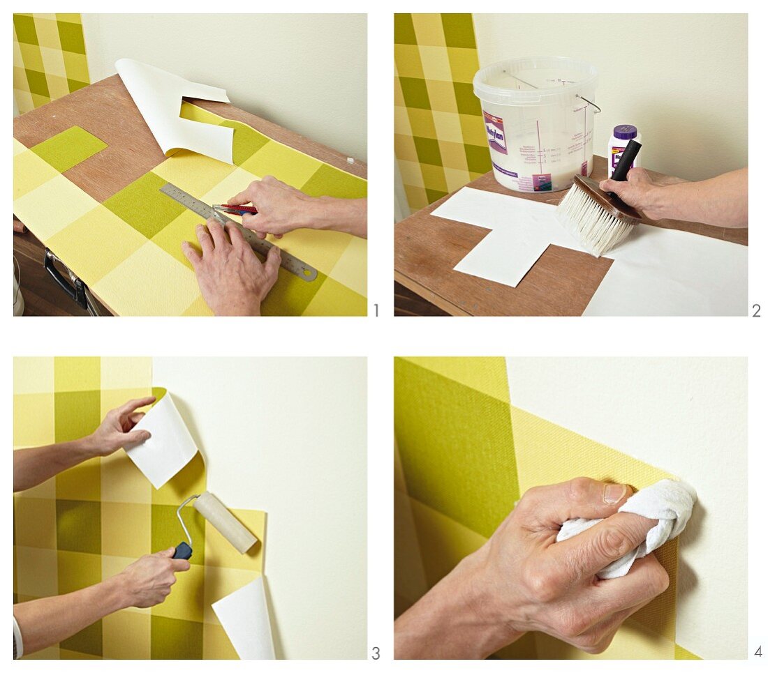 Pasting steps of green checked wallpaper on wall