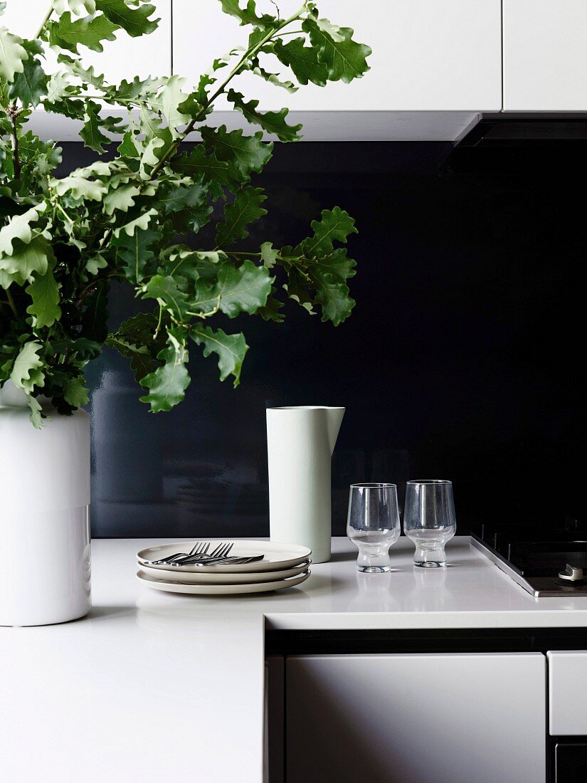 Dishes in front of black splash protection and oak leaves in vase in white kitchen