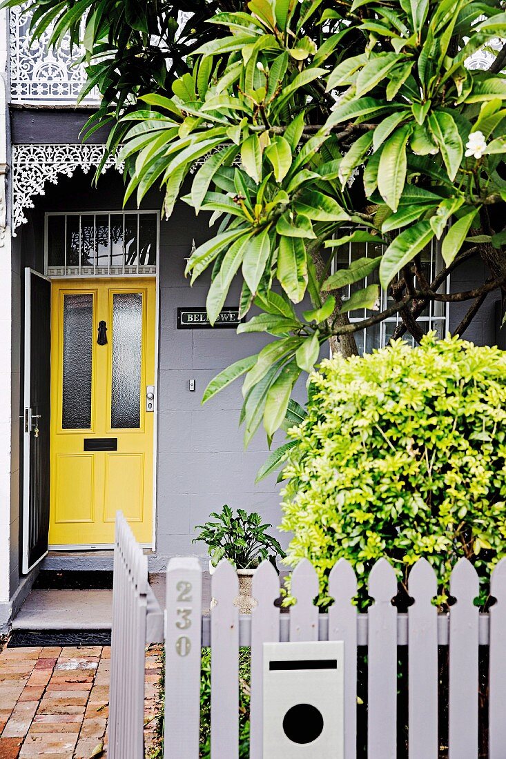 Entrance area with yellow front door and front garden with gray picket fence