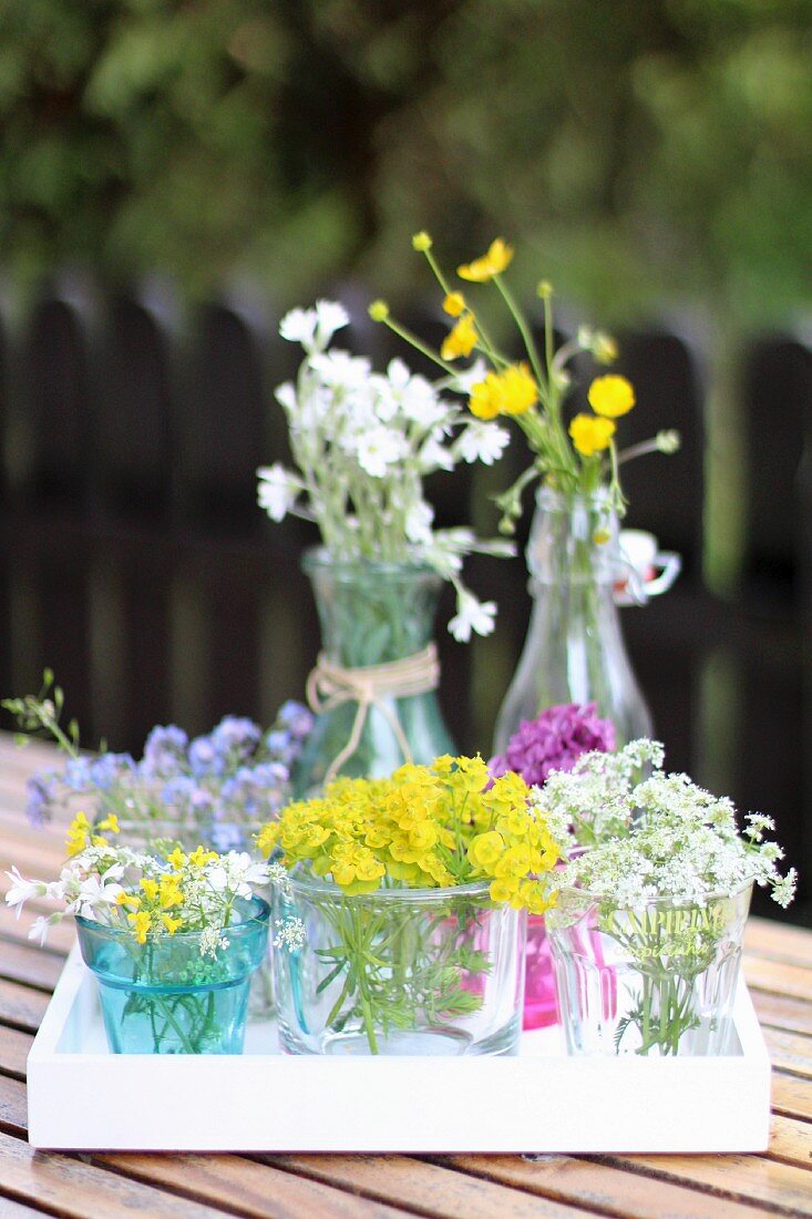 Various wild flowers in glass vessels on garden table