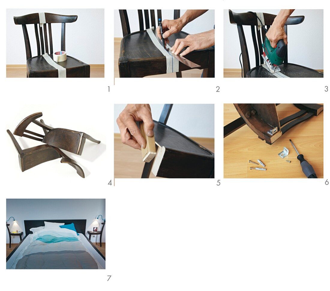 Instructions for building a bedside table from a chair cut in two