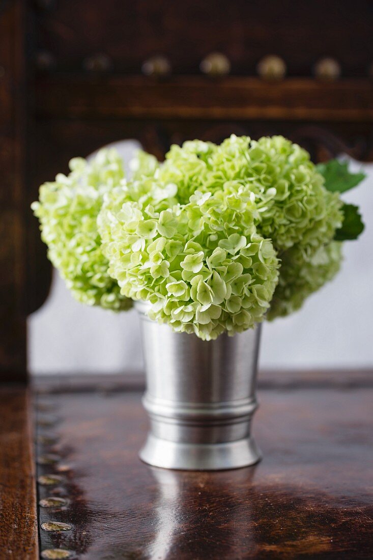 Pewter vase of white hydrangeas on leather-covered table