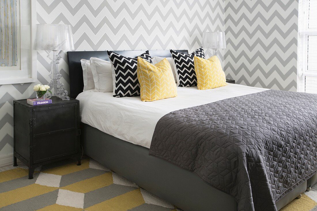 Graphic patterns in contemporary bedroom