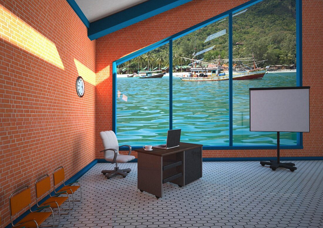 Empty office with a view, 3D illustration