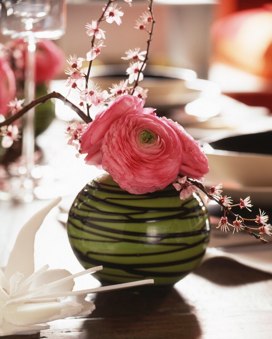 Rosafarbene Ranunkelblüten in Vase als frühlingshafte Tischdeko