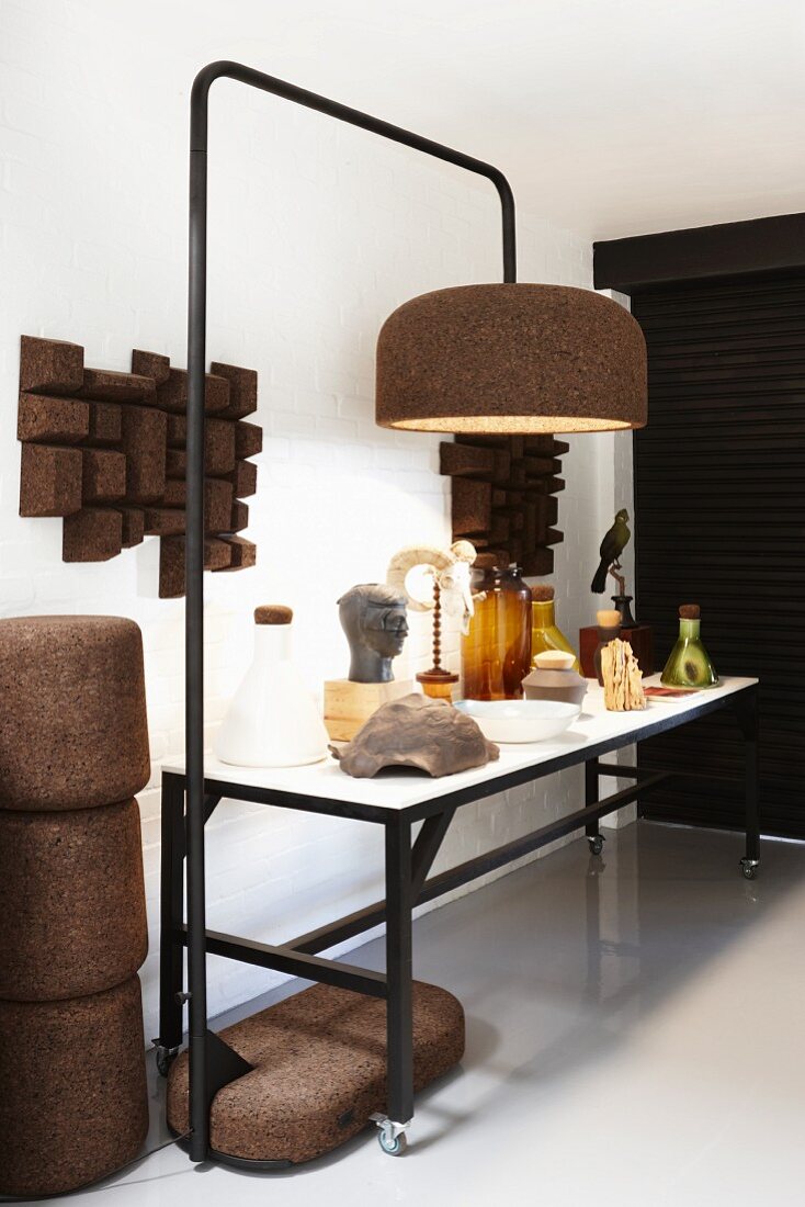 Objets d'art and standard lamp made from cork