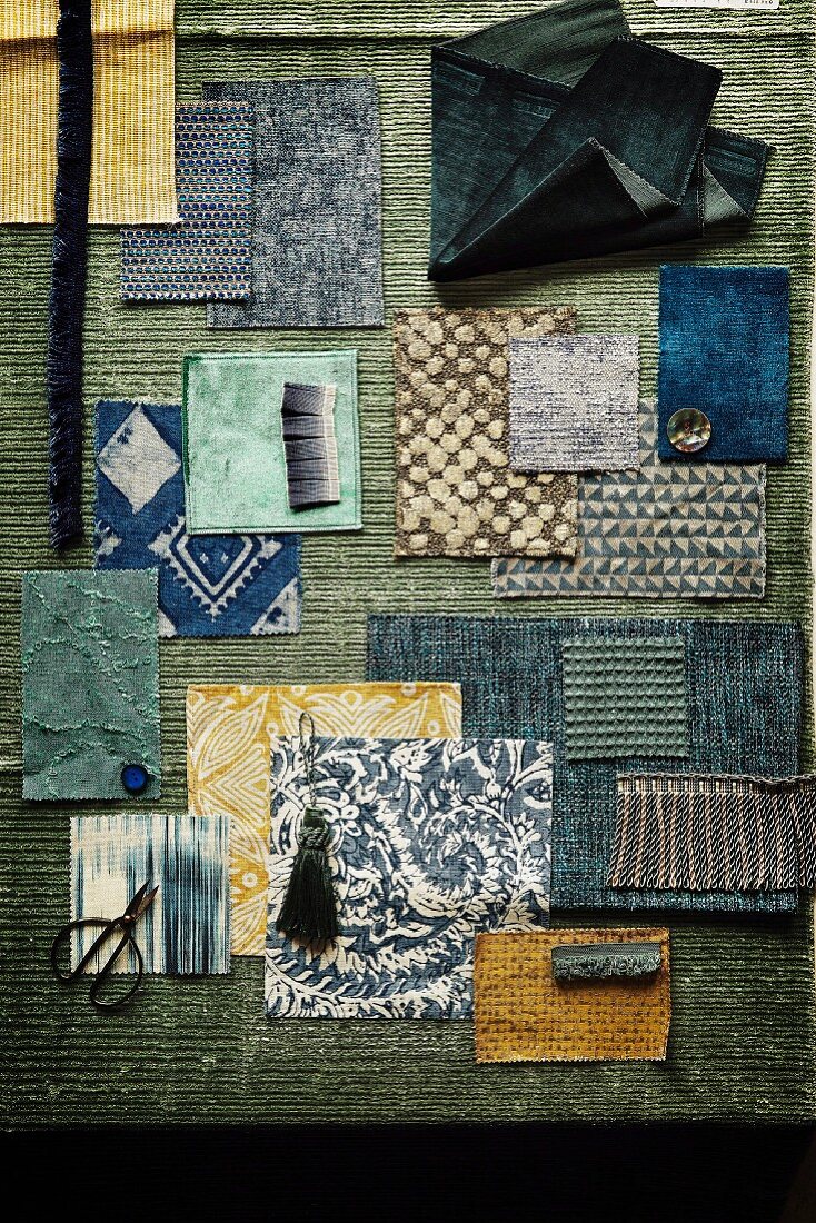 Mood board of fabrics in shades of blue and green