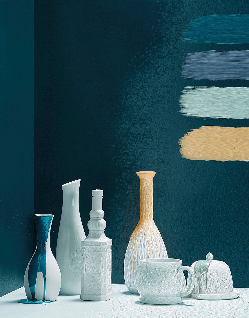 Vasen und Farbproben an der Wand, Fotoart