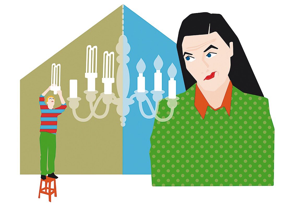 An illustration on the topic of 'energy savings' depicting the conflicting opinions of a woman and a man