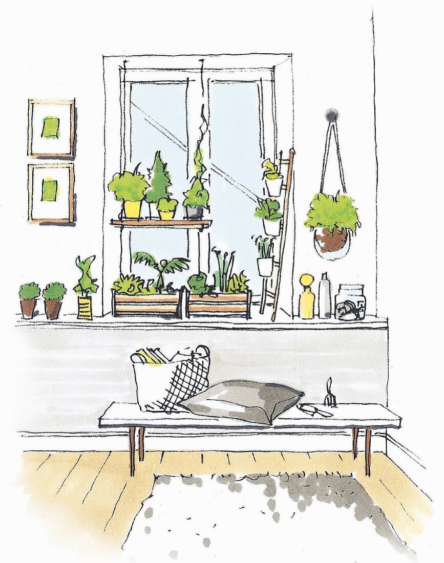 Illustration: a window design with a shelf for indoor plants