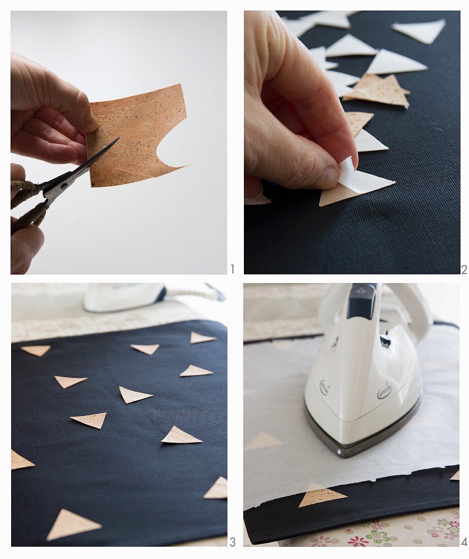 Instructions for ironing cork triangles onto cushion cover