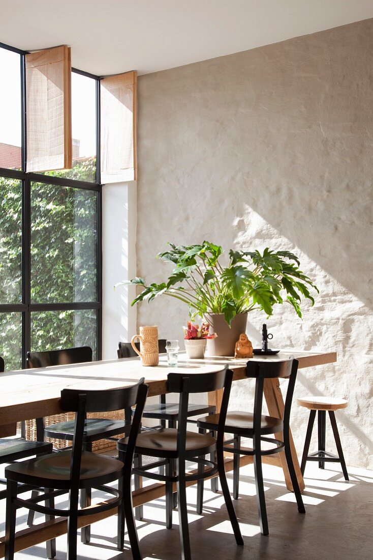 Esstisch mit schwarzen Stühlen vor verputzter Mauer und Fabrikfenster