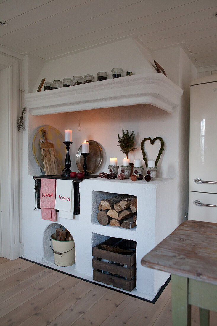 Festive decorations on masonry kitchen stove