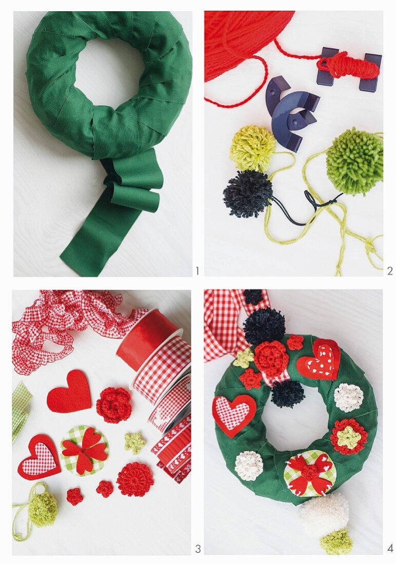 Türkranz mit grünem Stoffband, Wollpompons, Herzmotiven und roten Geschenkbändern herstellen