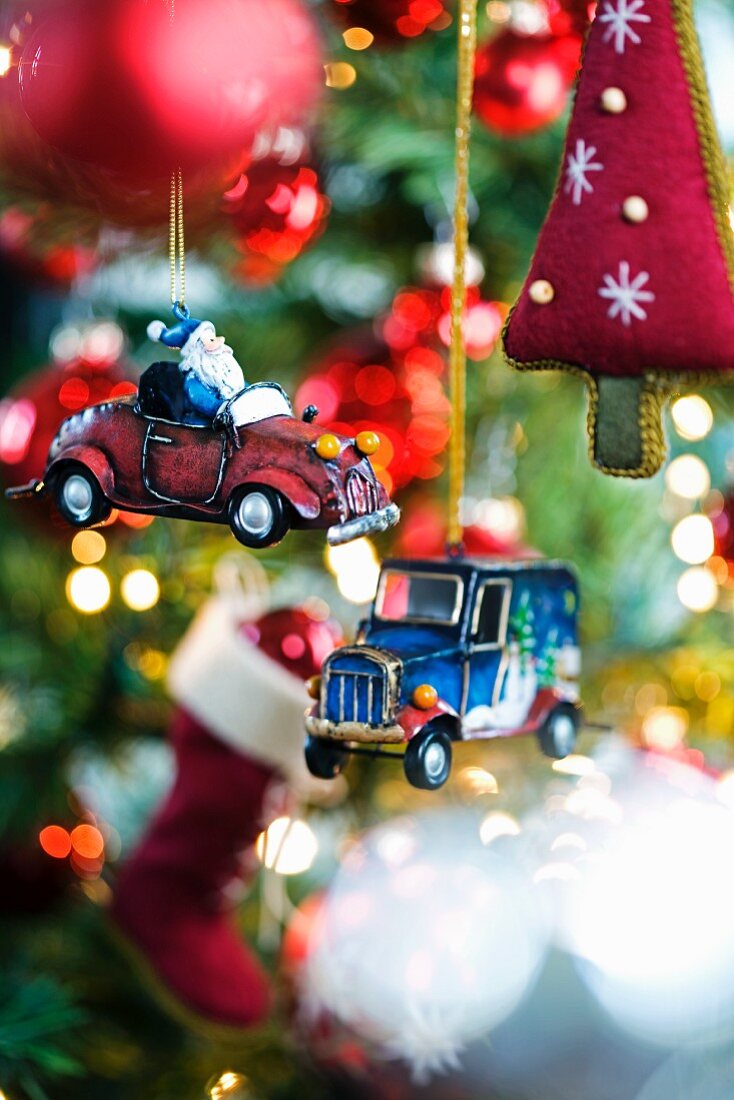 Small car-shaped Christmas tree baubles